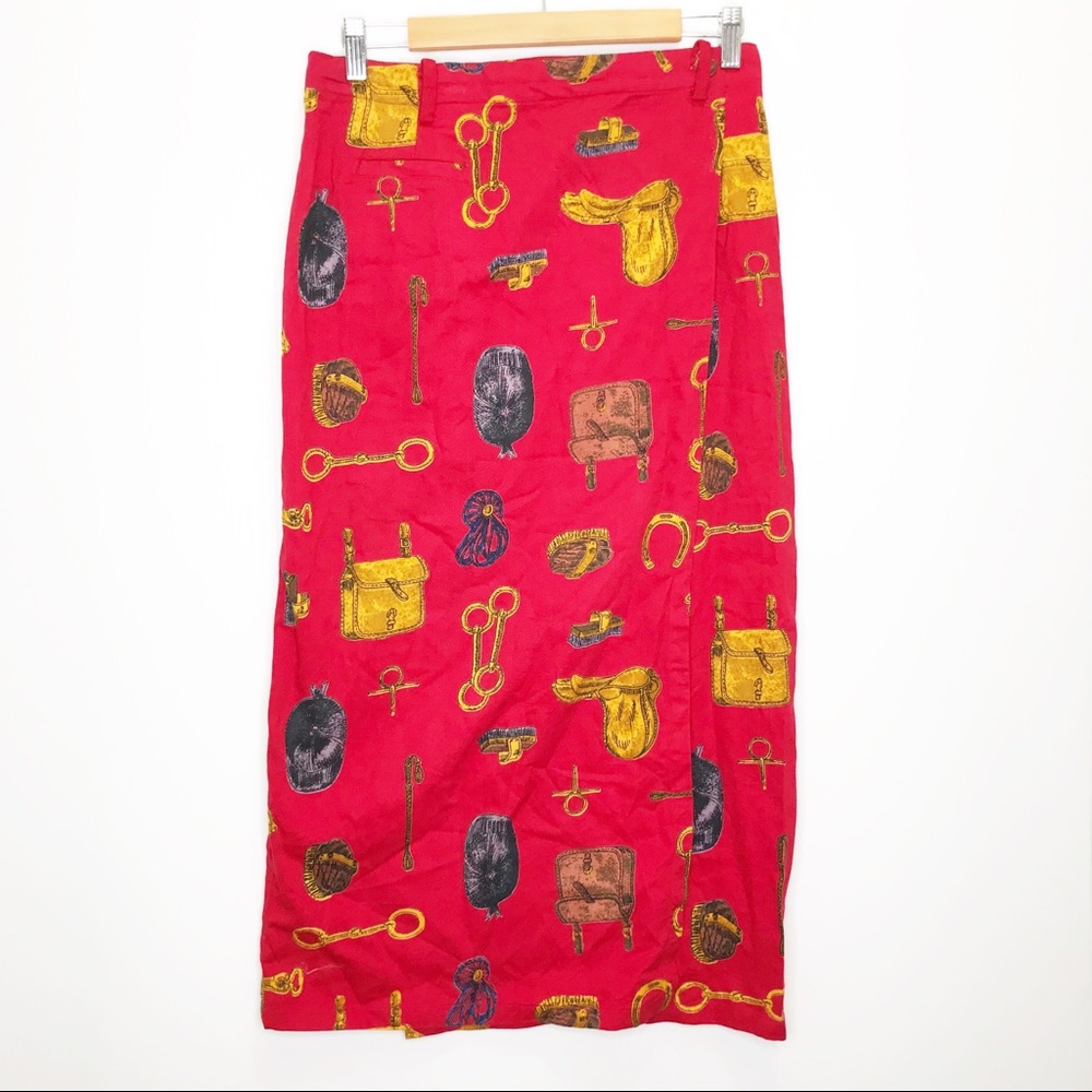 Vintage Equestrian Print Wrap Skirt Small Medium